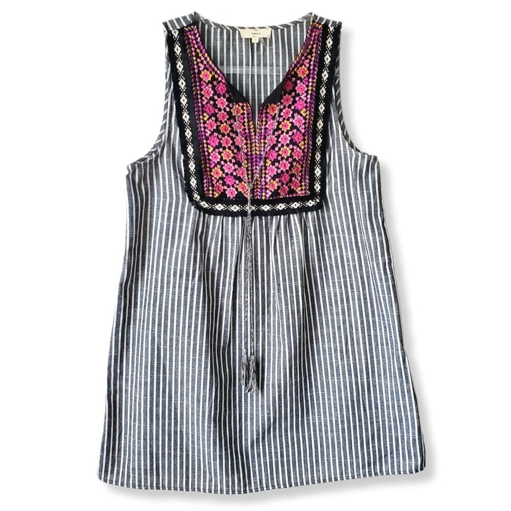 Entro Sleeveless Embroidered Stripe Tunic Mini Dress S Boho Festival Hippie